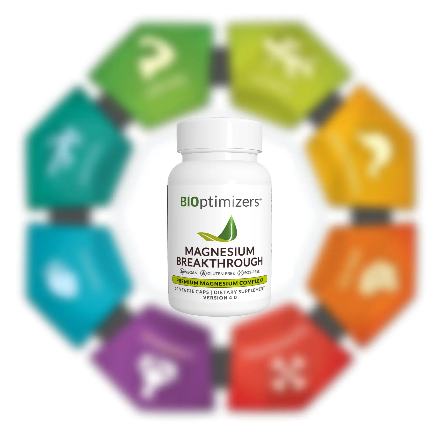 "A bottle of BiOptimizers Magnesium Breakthrough dietary supplement centered in front of a blurred, colorful circular diagram representing the seven forms of magnesium included in the supplement. The label highlights that it is vegan, gluten-free, soy-free, and a premium magnesium complex."