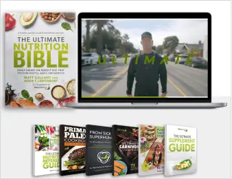 "Digital and physical collection of health and nutrition resources, including 'The Ultimate Nutrition Bible' book, a video on a laptop screen, and six additional guides related to nutrition, supplements, and dietary plans."