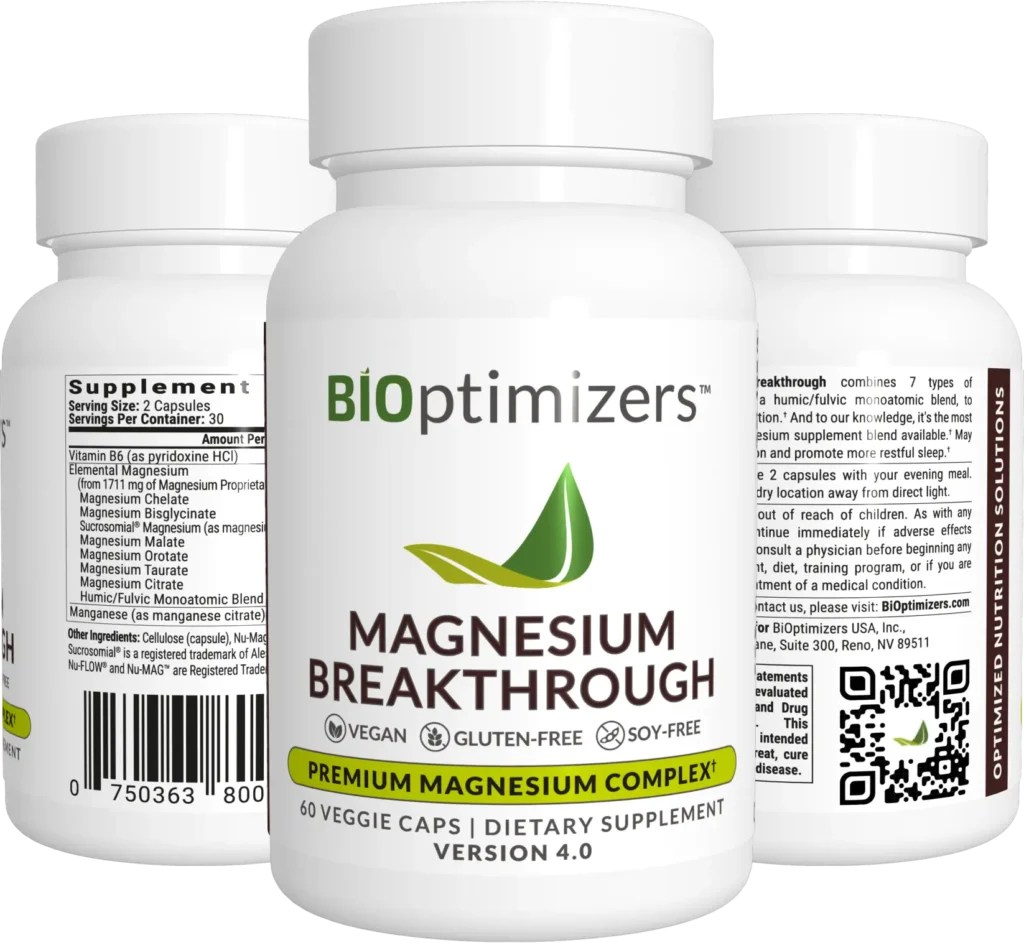 "Three bottles of BiOptimizers Magnesium Breakthrough dietary supplement, showing the front, supplement facts, and product details. The label highlights that it is a premium magnesium complex, vegan, gluten-free, and soy-free, with 60 veggie capsules per bottle."
