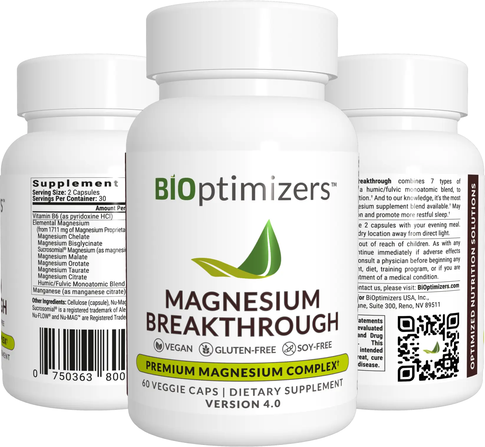 "Three bottles of BiOptimizers Magnesium Breakthrough dietary supplement, showing the front, supplement facts, and product details. The label highlights that it is a premium magnesium complex, vegan, gluten-free, and soy-free, with 60 veggie capsules per bottle."