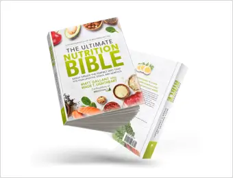 "A copy of The Ultimate Nutrition Bible displayed at an angle, showing the front and back cover. The cover features images of fresh, healthy foods and promotes guidance on creating balanced, nutritious meals."
